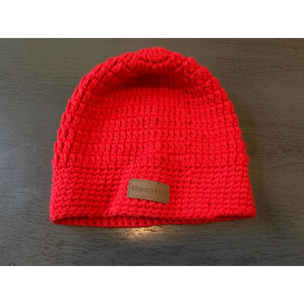 Dutch Bros Coffee Red Crochet Knit Beanie Hat Slouchy Logo Patch Winter Cap